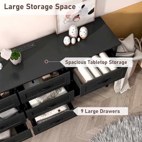 chartustriable Farmhouse 9 Drawers Dresser, Wood Dresser for Bedroom Wide Chest of Drawers, French Country Storage Double Dressers Organizer for Bedroom, Living Room, Nursery(Black) chartustriable