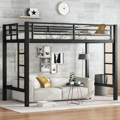 Metal Twin XL Size Loft Bed,Heavy Duty Loft Bed Frame Twin XL Size with 2 Ladders and Full Length Guardrails for Kids, Teens, Adults, Noise-Reducing,Space-Saving,Black Bellemave
