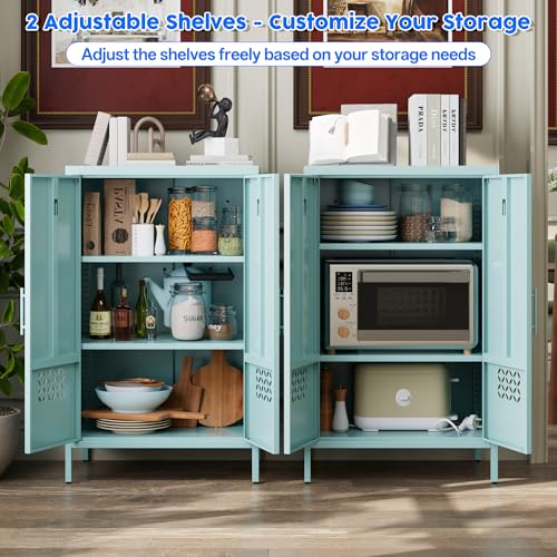 GangMei Metal Storage Cabinet with Adjustable Shelves,Metal Buffet Sideboard with 2 Doors for Kitchen,Home,Office, 42" H x 26" W x 14" D,Assembly Required,Blue GangMei