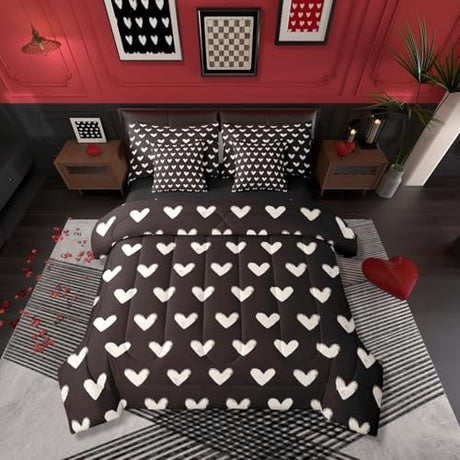 Erosebridal Black White 7 Pcs Comforter Set King Bed in a Bag,Cute Heart Pattern Bedding Set for Kids Boys Girls Valentine Day Quilt Cartoon Love Geometric Duvet Insert Love Heart Flat Fitted Sheet Erosebridal