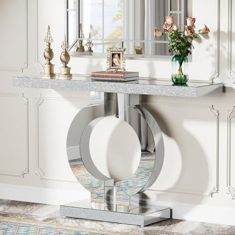Tribesigns Modern Mirrored Console Table, Glass Sofa Table with Mirror Finish, 43-Inch Entryway Table with O-Shaped Base, Rectangular Accent Foyer Table for Living Room Hallway Entrance (Silver) Tribesigns