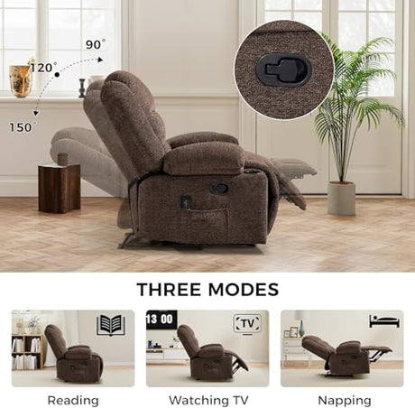 HAOMARKETS Manual Recliners with Massage and Heat for Adults, Classic Breathable Fabric Recliner Chair with 2 Cup Holders & Side Pockets, Overstuffed Heavy Duty Reclining Sofa for Living Room,Brown HAOMARKETS