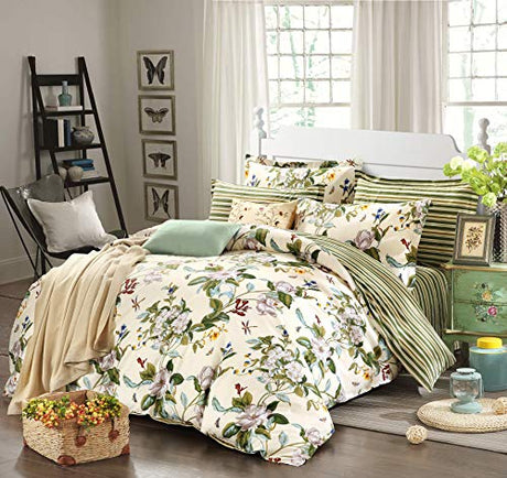 FADFAY Floral Duvet Cover Set 100% Cotton Green Striped and Beige Bedding White Flower Branches Print 600 TC Soft Reversible Zipper Bed Cover & 2 Pillowcases,King/Cal King(106x92) FADFAY