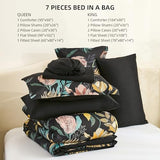 Luxudecor Floral Comforter Set Queen Size 7 Pieces Bed in a Bag,Beige Flower Print on Dark Green Bedding Set,Soft Microfiber Bedding Set for All Season (Dark Green,90"x90") Luxudecor