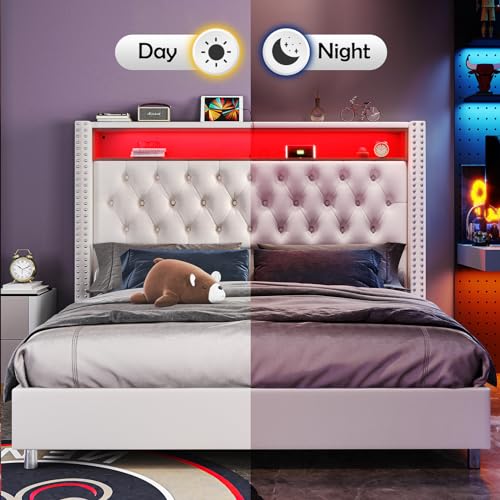 PLAUIN Velvet King Size Bed Frame with LED Lights and Charging Station - Cream Upholstered Platform Bed - WoodArtSupply