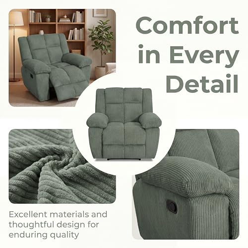 Trygoal Oversized Corduroy Recliner Chair, Manual Lazy Boy Recliner with Home Theater Seating, Breathable Living Room Reclining Chair for Adults Reading, Gaming, Relax, Green