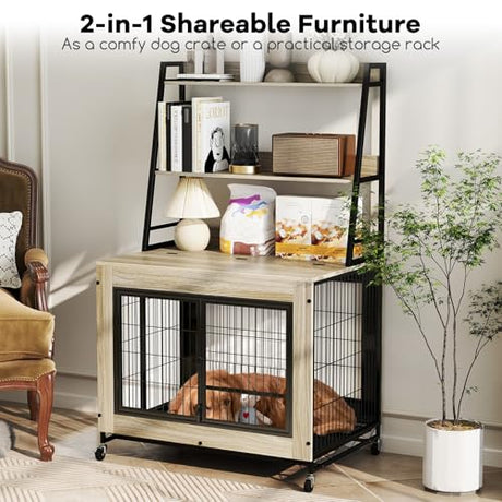 Giantex Dog Crate Furniture with Storage Shelves, 38" Furniture Style Indoor Dog Kennel on Wheels, 3 Doors, Flip Top Lid, Removable Pull-Out Tray, Dog Cage Pet House for Large Dogs, Oak Gray Giantex