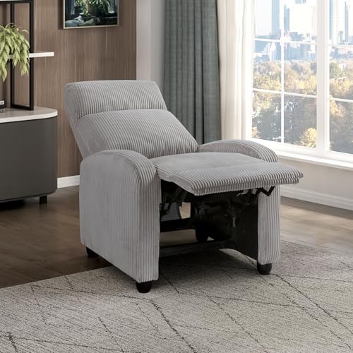 Lexicon Corduroy Pushback Recliner Chair Armchair Push Back Recliner, Solid Wood Frame and Metal Base, Easy Assembly Small Soft Single Sofa Accent Chair for Living Room/Office/Apartment, Light Grey