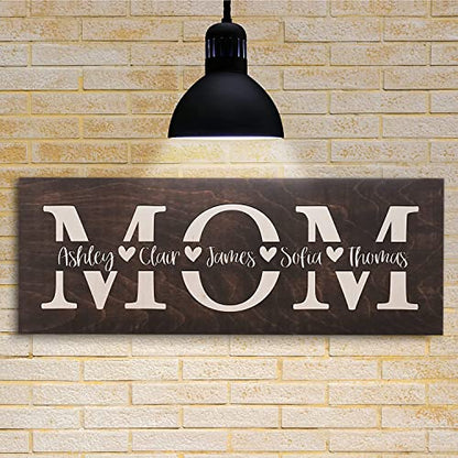 Mothers Day Gifts - Mom Sign Personalized with Kids Names - 4 Wooden Colors, 5 Fonts, 2 Sizes - Custom Rustic Wood Mom Sign - WoodArtSupply