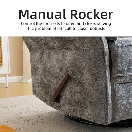 Rhevoy Oversized Glider Rocker Recliner, 26" Extra Wide 360° Swivel Nursery Recliner with Adjustable Headrest, Chenille Rocking Nursery Chair with Overstuffed Armrest, Lumbar Support, Dark Grey