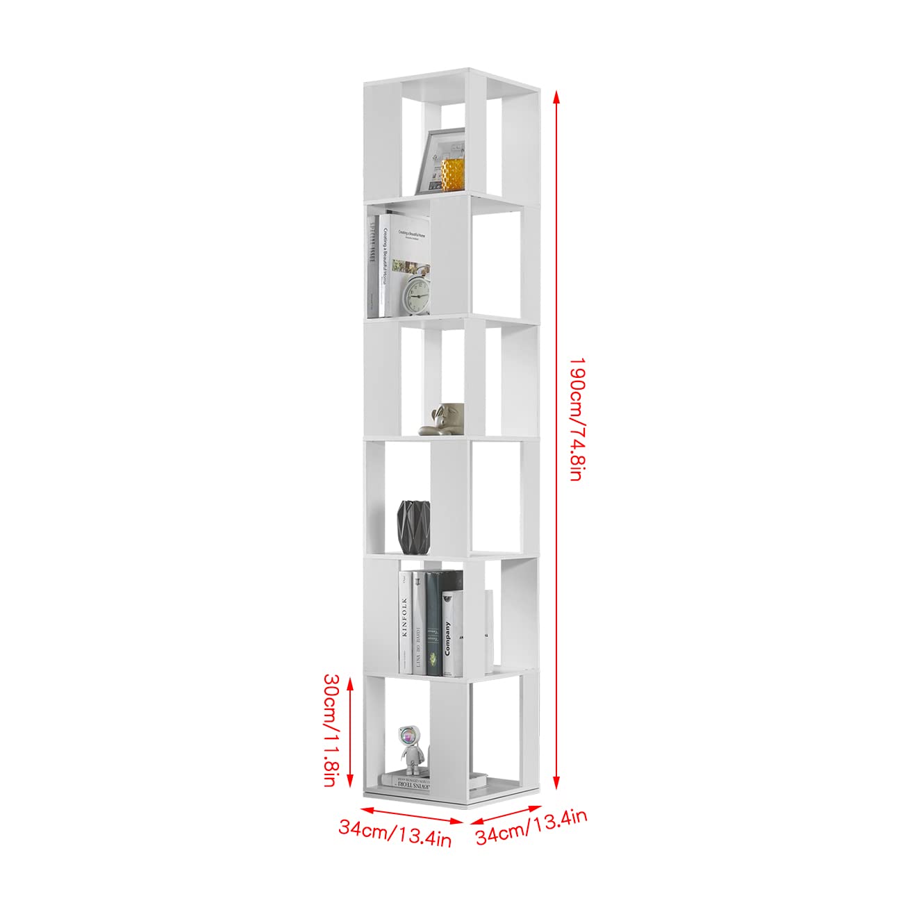 Modern 6-Tier Rotating Wooden Bookcase in White – Stylish Corner Storage Display Rack - WoodArtSupply