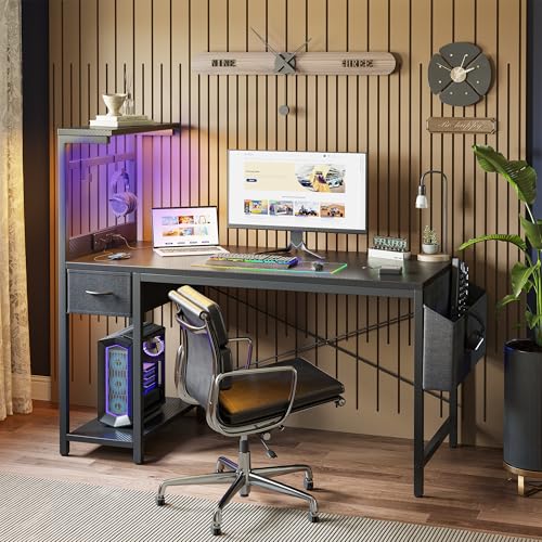 TIQLAB Gaming Desk 40 inch with Power Outlet and LED Light, Computer Desk with Reversible Shelves and Storage Drawer, Small PC Desk for Home Office Table with Bag, Carbon Fiber Black TIQLAB