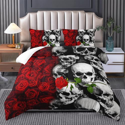 Tuzaovy Gothic Queen Size Bedding Set - Skull & Rose Comforter, Black & Red Quilt Tuzaovy