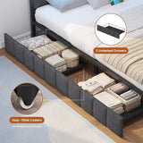 Hasuit Queen Corner Bed Frame with Storage Drawers, Queen Daybed with Line Fabric Upholstered Fence, Kids Bed Unit with LED Light and Charging Station, Modern Bed Frame Queen Size, Gray Hasuit