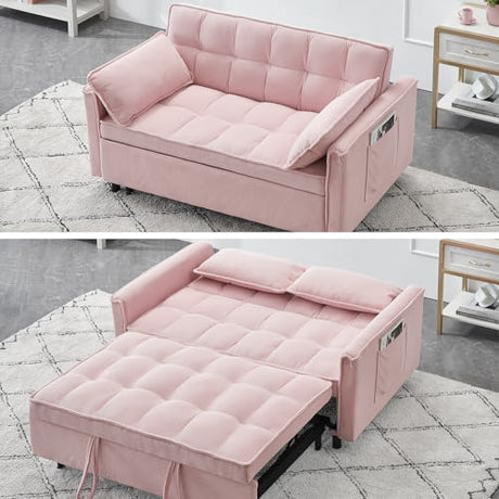 3 in 1 Corduroy Convertible Sofa Bed, Pull Out Couch Bed with Reclining Backrest and 2 Pillows, 54" Full Size Loveseat Sleeper Sofa Futon Couch Beds, Couches for Small Spaces, Living Room (Pink) Majnesvon