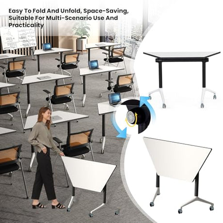 Folding Conference Tables,47.2x23.6x29.5in Modern Conference Room Tables Seminar Mobile Training Tables,with Caster Modular Flip Top Meeting Table for Office Conference Room (Trapezoid, 4 Pack) Crevew
