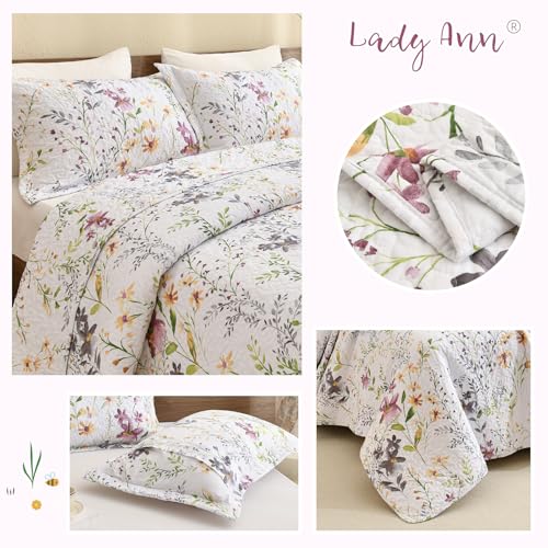 Lady Ann Wild Floral Printed Bed Quilt Sets Queen 100% Cotton Yellow Flower Botanical Pattern Bedding, Vintage Lightweight Coverlet Ultra Soft Bedspread Set with Pillow Shams for All Season, 3 PCS Lady Ann