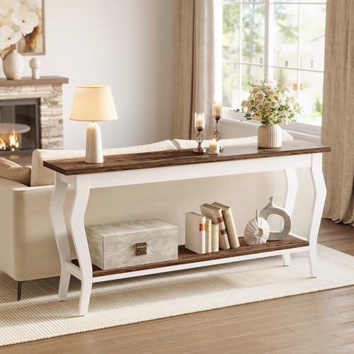 LITTLE TREE 70.9 Inches Long Console Table, 2-Tier Vintage Wooden Sofa Table Behind The Couch with Metal Legs for Hallway, Entryway, Living Room, Brown & White LITTLE TREE