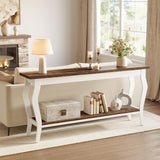 LITTLE TREE 70.9 Inches Long Console Table, 2-Tier Vintage Wooden Sofa Table Behind The Couch with Metal Legs for Hallway, Entryway, Living Room, Brown & White LITTLE TREE