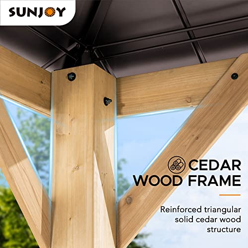 Sunjoy Hardtop Gazebo 11 x 13 ft. Standard Cedar Framed Wood Gazebos with Brown Steel and Polycarbonate Hip Roof for Garden, Backyard Shade, Brown Roof + Natural Wood Frame Sunjoy