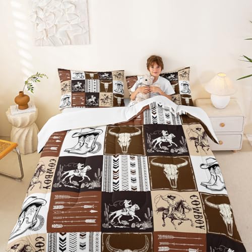 Cowboy Comforter Set Full Size,Southwestern Aztec Country Horse Bedding Set 3pcs,Rustic Ranch Retro Animal Down Comforter,Brown Patchwork Farmhouse Bed Set for Kids Boys Teens,2 Pillowcases,No Sheets Manfei