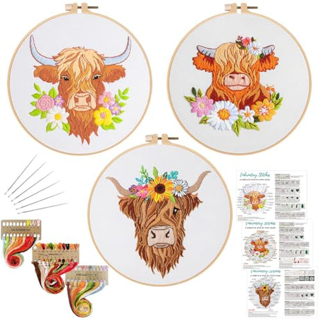 Louise Maelys 3 Sets Embroidery Kits for Beginners,Cross Stitch Kit for Adults,Starters DIY Needlepoint Including Hoop -Highland Cow and Florals Pattern Louise Maelys