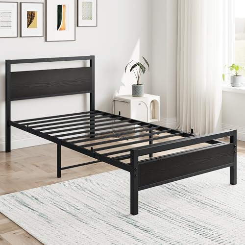 HOJINLINERO Black Twin Bed Frame with Wood Headboard,Metal Single Platform Bed Frame Twin Size No Box Spring Needed,Heavy Duty Metal Slats Support,Mattress Base,Noise Free,Easy Assembly,Black HOJINLINERO