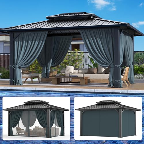 HOTEEL 10x12ft Hardtop Gazebo Heavy Duty Gazebo with Galvanized Steel Double Roof, Flame-Retardant Curtains and Netting, Aluminum Frame Permanent Outdoor Pavilion for Patio, Lawns and Backyar - WoodArtSupply