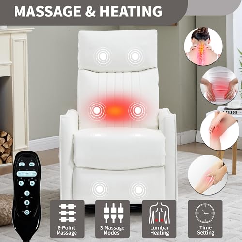 High Back Massage Recliner with Heat - Swivel Rocking Chair for Small Spaces, Manual Lazy Boy Recliner for Adults, Perfect for Living Room & Bedroom, Soft Fabric (White) HomJoones
