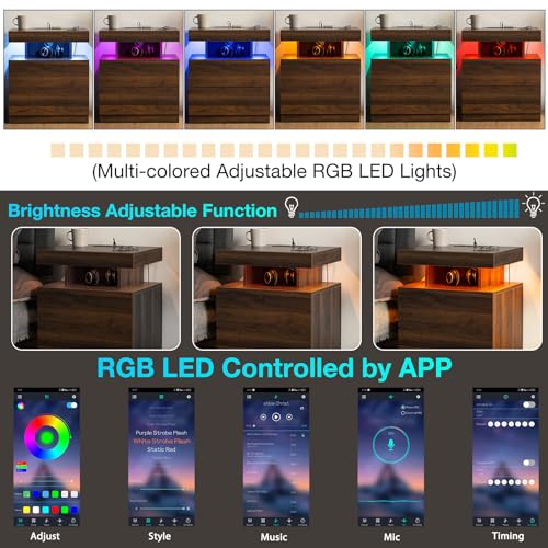 HOMMPA LED Nightstand with Wireless Charging Station & USB Ports High Gloss Bedside Table with LED Light RGB Adjustable Brightness Smart Nightstand 2 Drawers Night Stand for Bedroom Walnut HOMMPA