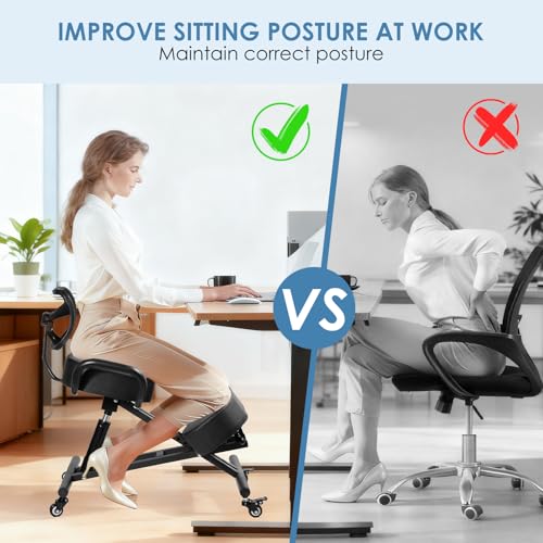 Ergonomic Kneeling Chair with Backrest & Lumbar Support, Adjustable Height Desk Chair with Wheels & Thick Cushion, Ideal for Office & Work from Home, Support Upright Sitting & Relieve Back Pain Generic