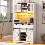 72" Farmhouse Bar Cabinet w/ 60000-color LED Lights,Outlet,Sliding Barn Door,Large Coffee Bar w/Hutch,Wine & Glasses Rack,4 Drawers,12 Shelves,Kitchen Buffet Sideboard for Kitchen,Dining Room chartustriable