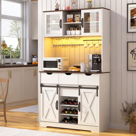 72" Farmhouse Bar Cabinet w/ 60000-color LED Lights,Outlet,Sliding Barn Door,Large Coffee Bar w/Hutch,Wine & Glasses Rack,4 Drawers,12 Shelves,Kitchen Buffet Sideboard for Kitchen,Dining Room chartustriable