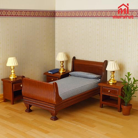 1:12 Scale Doll House Miniature Single Bed with Bedding Fabric & Pillow, Wooden Vintage Victorian European Style Bedroom Furniture Decor Christmas Accessories, Mini Sleigh Bed for 6 Inch Dolls Marsrut