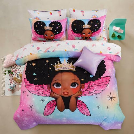 A Nice Night Black Girl Princess with Wings Comforter Set,Pink Gradient Glitter Rainbow Galaxy 6pcs Kids Bedding Set,Twin A Nice Night