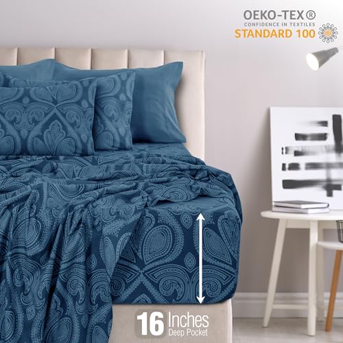 Ultra Soft Wrinkle-Free Microfiber Paisley Queen Sheet Set, Breathable Boho Bed Sheet Set – 16" Deep Pocket Fitted Sheet, Flat Sheet & 4 Pillowcases, Juegos de Sábanas, OEKO-TEX - Navy Blue LDC LUX DECOR COLLECTION