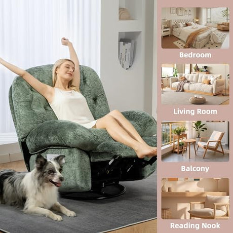 AISALL Recliner Chair for Adults, 360° Swivel Manual Recliner with Side Pocket, Nursery Rocking Chair with Comfortable Chenille Arms and Back for Living Room, Bedroom, Reading (Green) AISALL