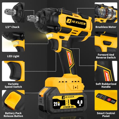 JEXUGK 850N.m Cordless Impact Wrench Set, 1/2 inch 640Ft-lbs 21V Brushless Impact Gun, Llave De Impacto w/ 2 x 4.0Ah Battery, Charger, 5 Sockets, Kit Pistola De Impacto for Car Home - WoodArtSupply