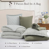 BLOOMHAVEN Queen Comforter Set - 7 Pieces Green Gauze Muslin Bedding Sets for All Seasons, Lightweight Breathable Bed in a Bag Queen with Revesible Farmhouse Comforter, Sheets, Pillowcases & Shams BLOOMHAVEN