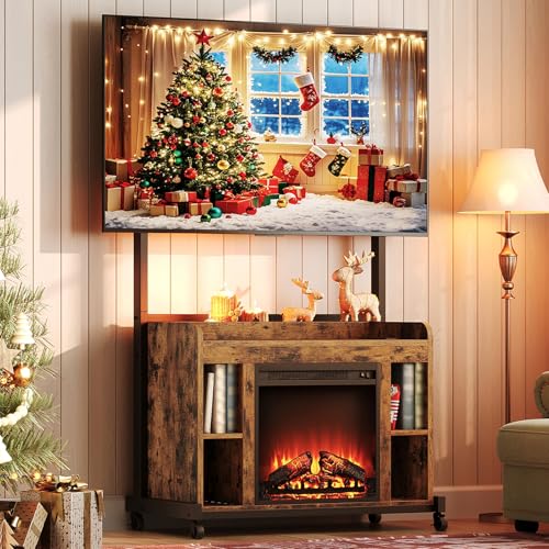 RALGEND Fireplace TV Stand with Mount for 55/60/65/75 inch TVs, Corner Entertainment Center with Power Outlet and 18" Electric Fireplace, Height Adjustable TV Console for Living Room, Rustic and Black RALGEND