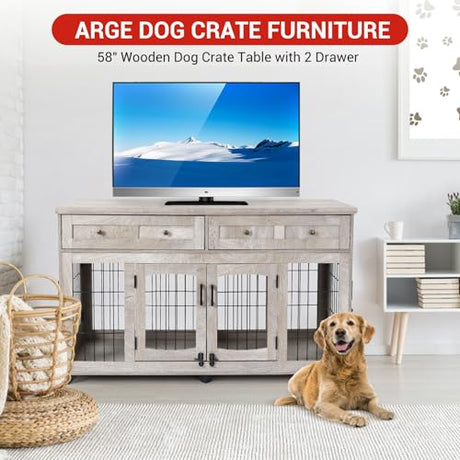 Large Dog Crate Furniture, Double Dog Kennel Furniture with 2 Drawers and Removable Divider, XXL Heavy Duty Wood Dog Crate Table for 2 Dogs Indoor (Gray, 58 in) GarveeHome