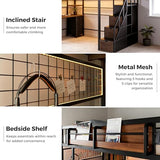 Full Size Loft Bed with Desk and Stairs, Headboard, Wardrobe, Bedside Storage Shelf, 6 Drawers, Charging Station & LED Light, Metal Gaming Loft Bed Frame for Adult Space-Saving, Black & Walnut Kikihouse