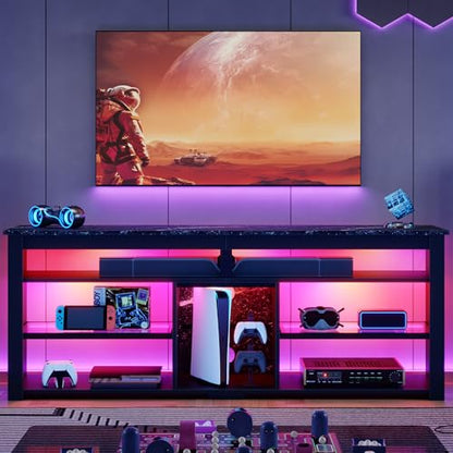 Bestier TV Stand for 65/70 inch TV, Tall Entertainment Center with 2 Led Lights, Gaming TV Console with Storage for PS5, Modern TV Cabinet for Bedroom, Living Room, Black Marble