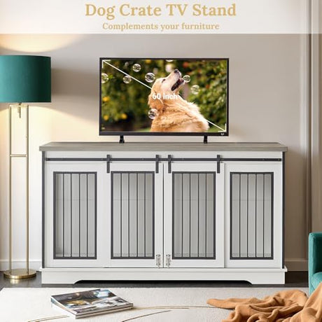 Rovibek 60inch Double Dog Crate Furniture, Wooden Dog Kennel Furniture TV Stand for 2 Dogs with Divider, Large Medium Small Dogs Indoor White Rovibek