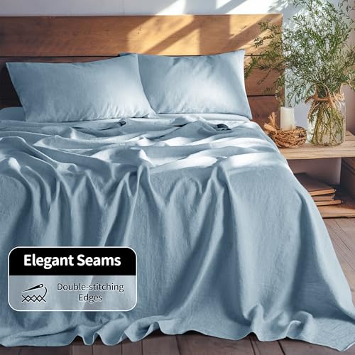 LBRO2M 100% Linen Sheet Set Twin XL Size,Bed Sheets 3 Piece Sets,Solid Color Natural Flax Bed Sheets Soft Breathable Bedding,16" Deep Pocket,All Season (Twin XL, Dusty Blue) LBRO2M