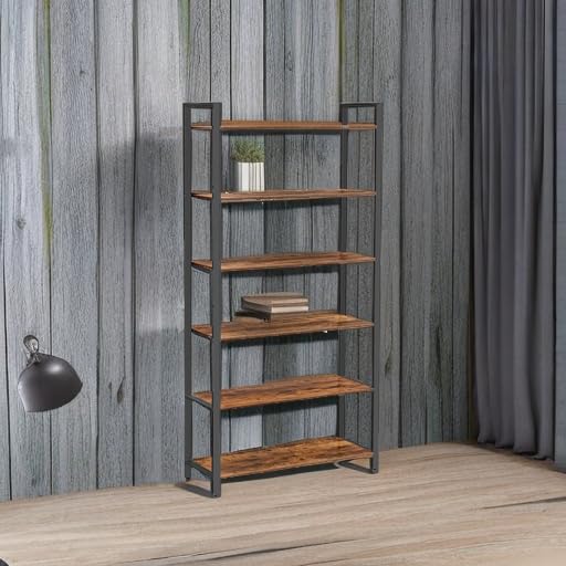 VASAGLE Industrial 6-Tier Bookshelf with Steel Frame - Rustic Brown and Black, Ample Storage for Home or Office - WoodArtSupply