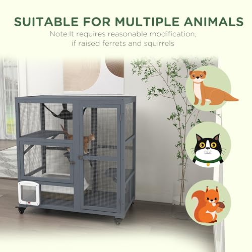 PawHut Large Cat House, Indoor/Outdoor Wooden Cat Catio on Wheels, Cat Enclosure with Platforms, Hammock, Cat Flap Door & Openable Top, Luxury Kitty House for 2 Cats, 39" - WoodArtSupply