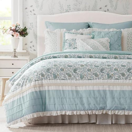 Madison Park Dawn 100% Cotton Shabby Chic Comforter Set-Modern Cottage Design All Season Down Alternative Bedding, Matching Shams, Bedskirt, Decorative Pillows, King(104"x92"), Aqua 9 Piece Madison Park
