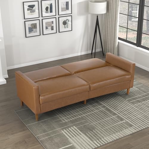 Lexicon 79"W Convertible Futon Sofa Bed, Loveseat, Faux Leather Upholstered Couch Sleeper, Adjustable Backrests, Padded Pocket Coil, Solid Wood Legs for Living Room, Bedroom, Apartment, Office, Camel Lexicon