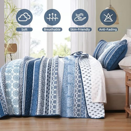 WONGS BEDDING Boho Quilt Set Queen Size, Navy Blue Bohemian 3 Pieces Quilt Sets, Lightweight Microfiber Bedspread Coverlet Bedding Set for All Season (96"x90") WONGS BEDDING